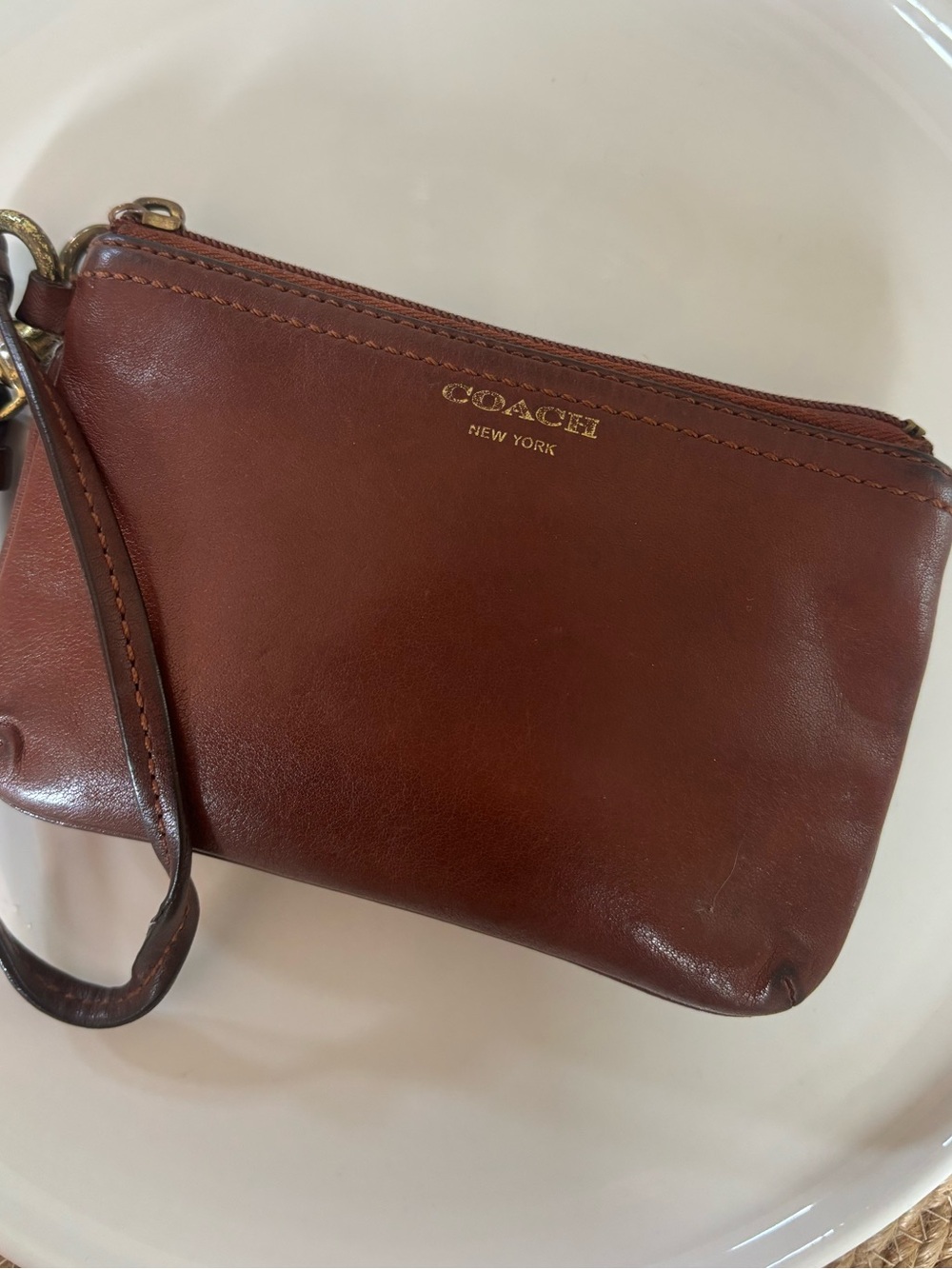Coach Whiskey Brown Leather Wristlet Pouch with Card Holder READ